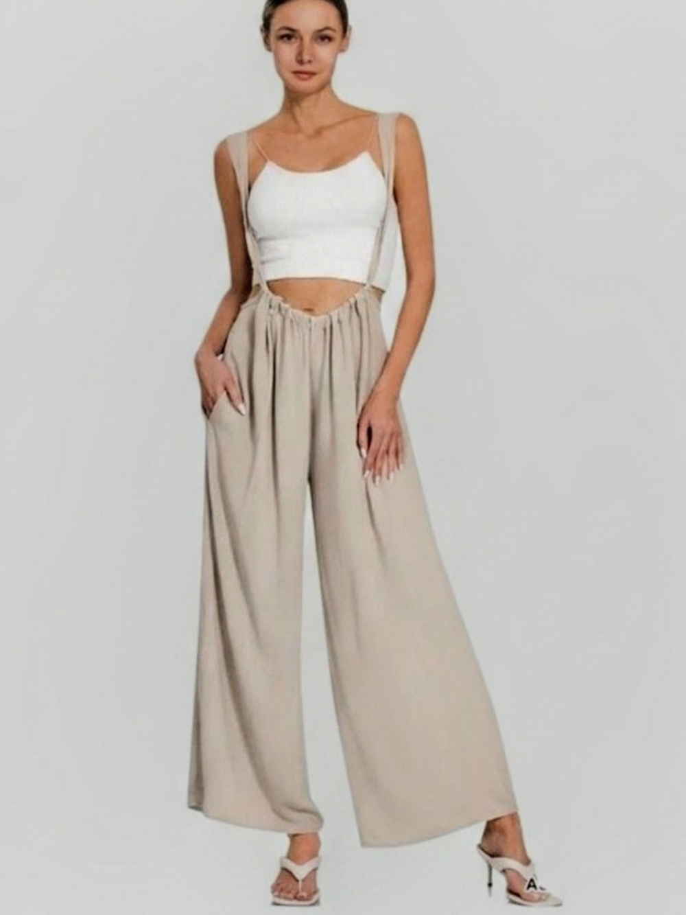 Zenana Outfitters Wide-Leg Suspender Pants in Light Tan